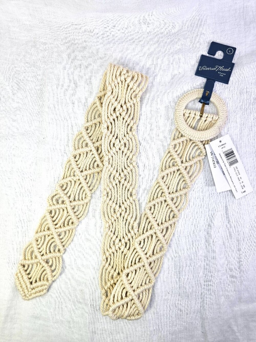 NWT 40" L Universal Thread Boho Woven Macrame Rope Belt Circle Buckle Off White